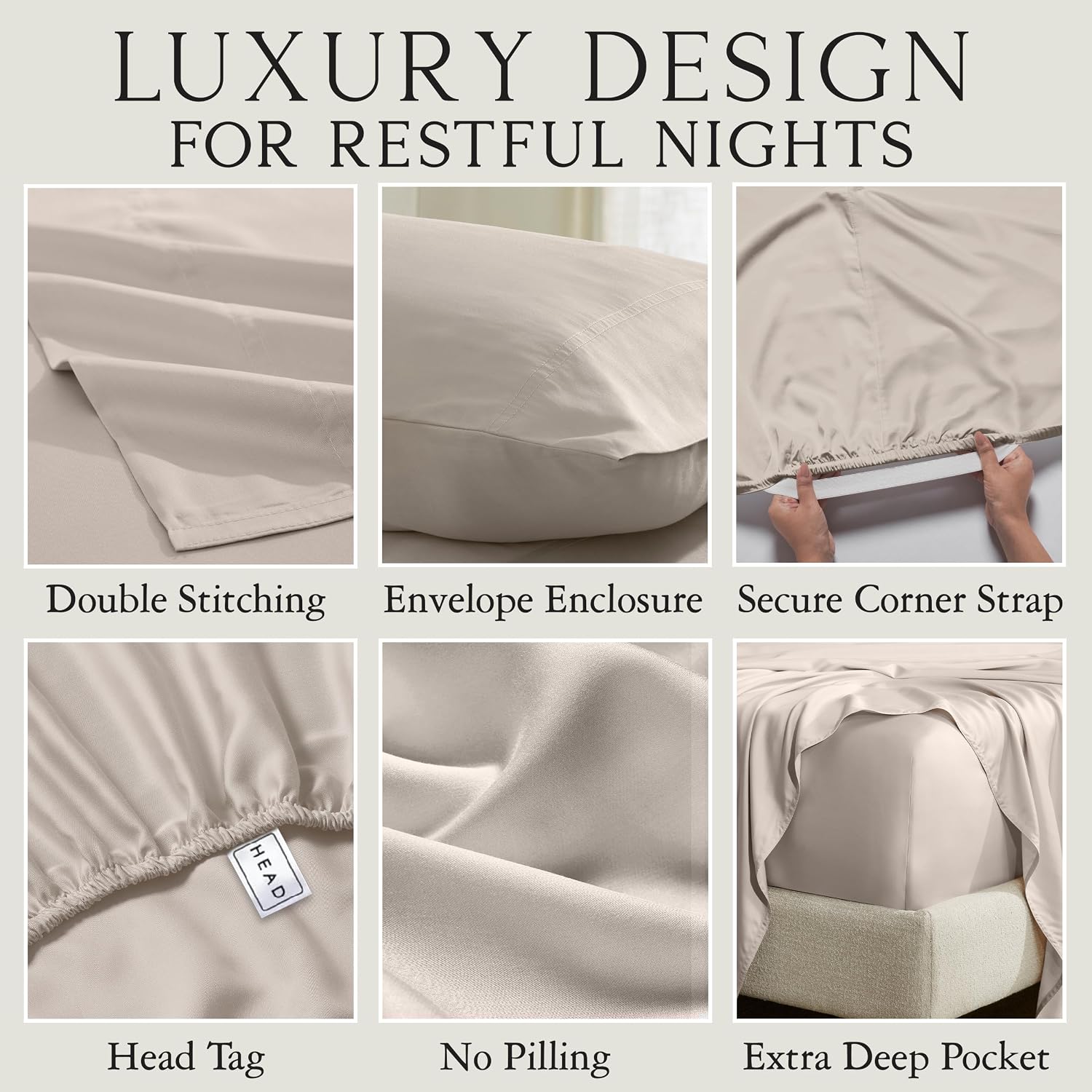 KARISSA MAE 6 Piece Pure Viscose from Bamboo Queen Size Sheet Set | 100% FSC Certified | Luxuriously Soft | Cooling | 18' Deep Pocket w/Corner Straps | 4 Pillowcases [Dune]