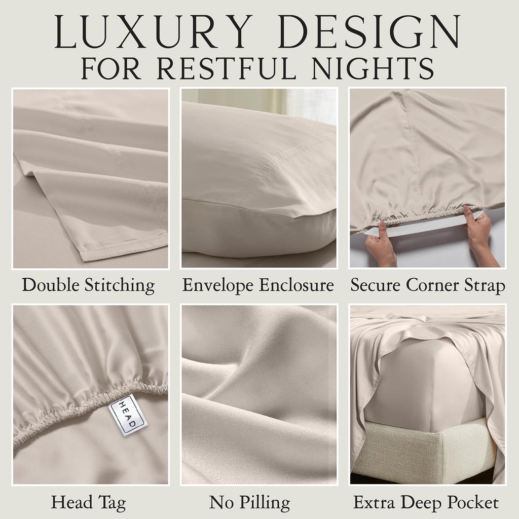 KARISSA MAE Pure Viscose from Bamboo Split King Size Sheet Set | 100% FSC Certified | Luxuriously Soft | Cooling | 18' Deep Pocket w/Corner Straps | [Dune]