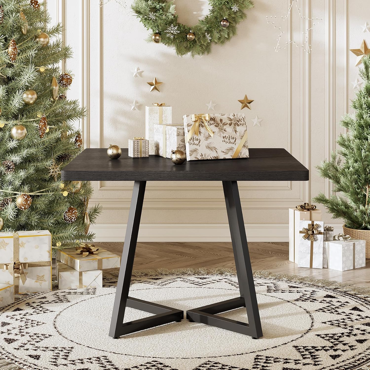 LITTLE TREE 31.5 Inches Small Dining Table for 4, Square Dinner Table for Small Space, Dining Room Tables, Black Wooden Kitchen Table with Metal Legs, Modern Leisure Cafe Table for Apartment
