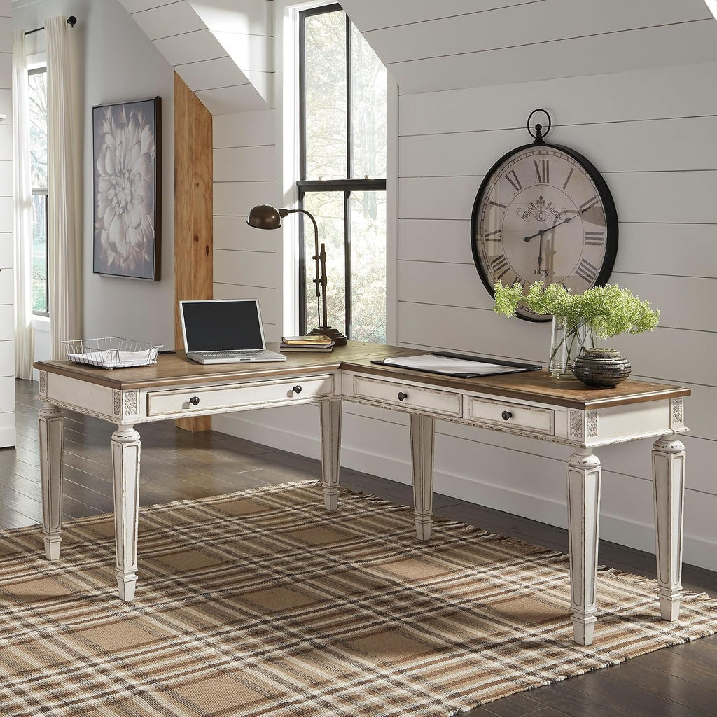 Signature Design by Ashley Realyn Cottage L-Shaped Distressed 2-Piece Home Office Desk with Power Supply and USB Ports, White & Light Brown