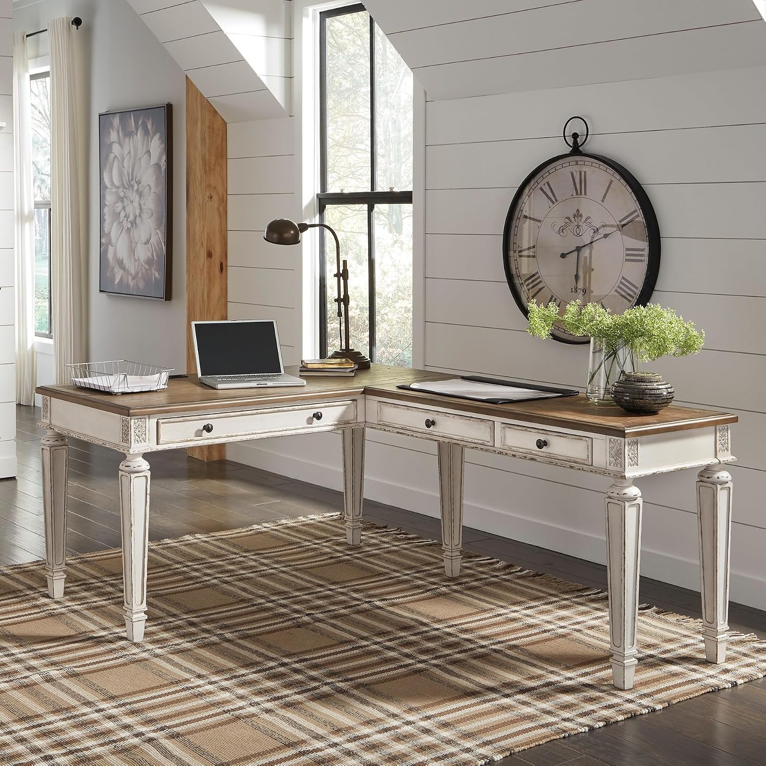 Signature Design by Ashley Realyn Cottage L-Shaped Distressed 2-Piece Home Office Desk with Power Supply and USB Ports, White & Light Brown