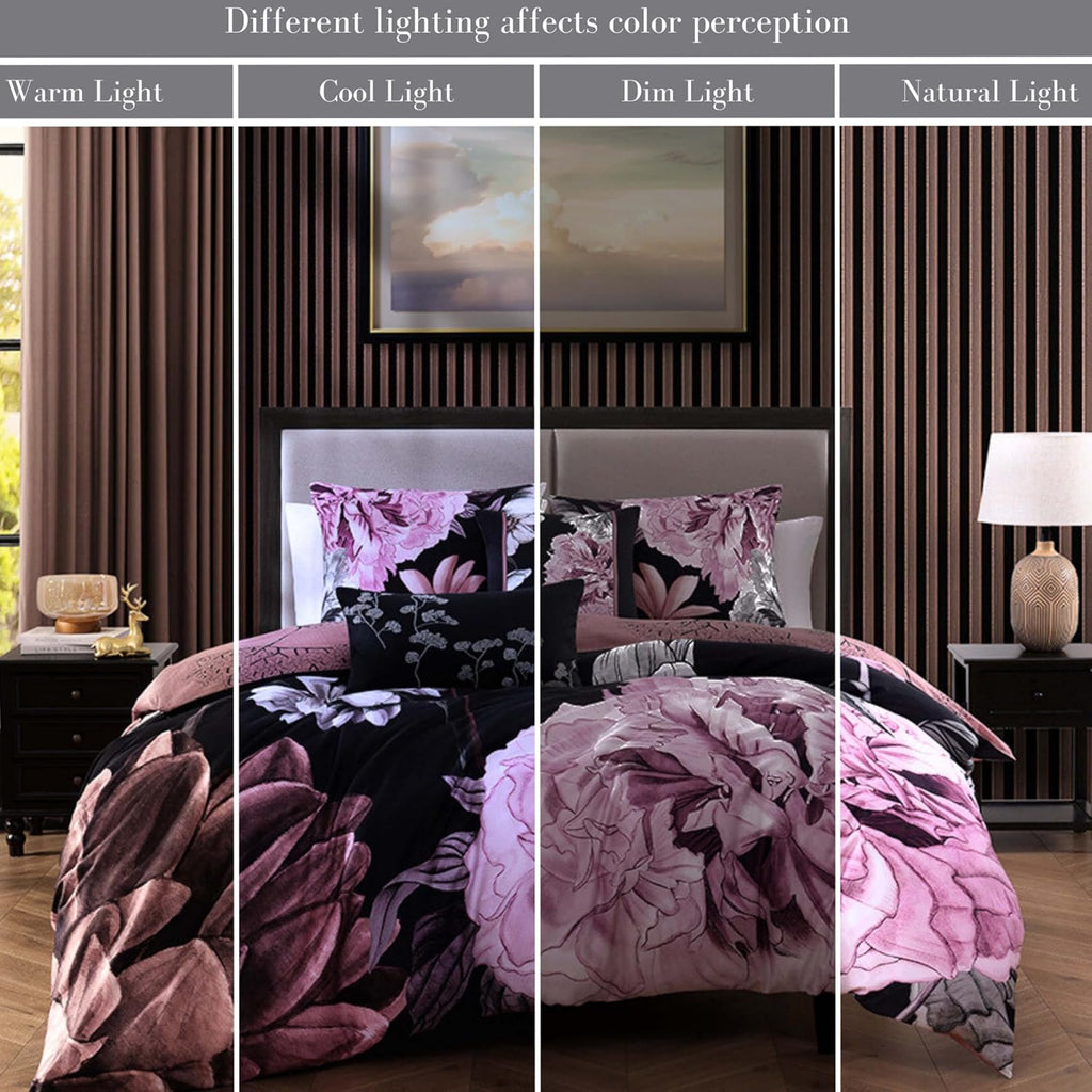 Bebejan Midnight Meadow 5 Piece Comforter Set, 100% Cotton Sateen, 220 Thread Count, Black Reversible Bedding Comforter Set, 1 Comforter, 2 Shams & 2 Pillows (King/Cal King)