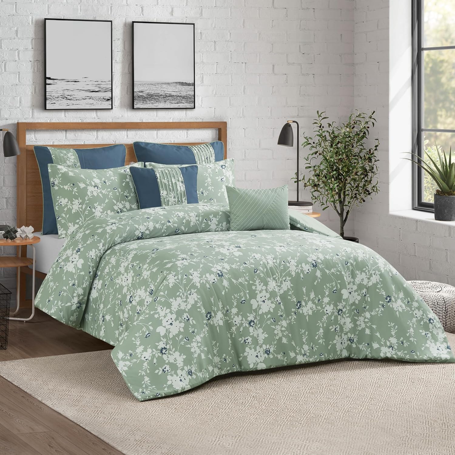 Lucky Brand Fianna Sage Green Floral Luxury 7 Piece Comforter Bedding Set - Full/Queen Size Comforter Set