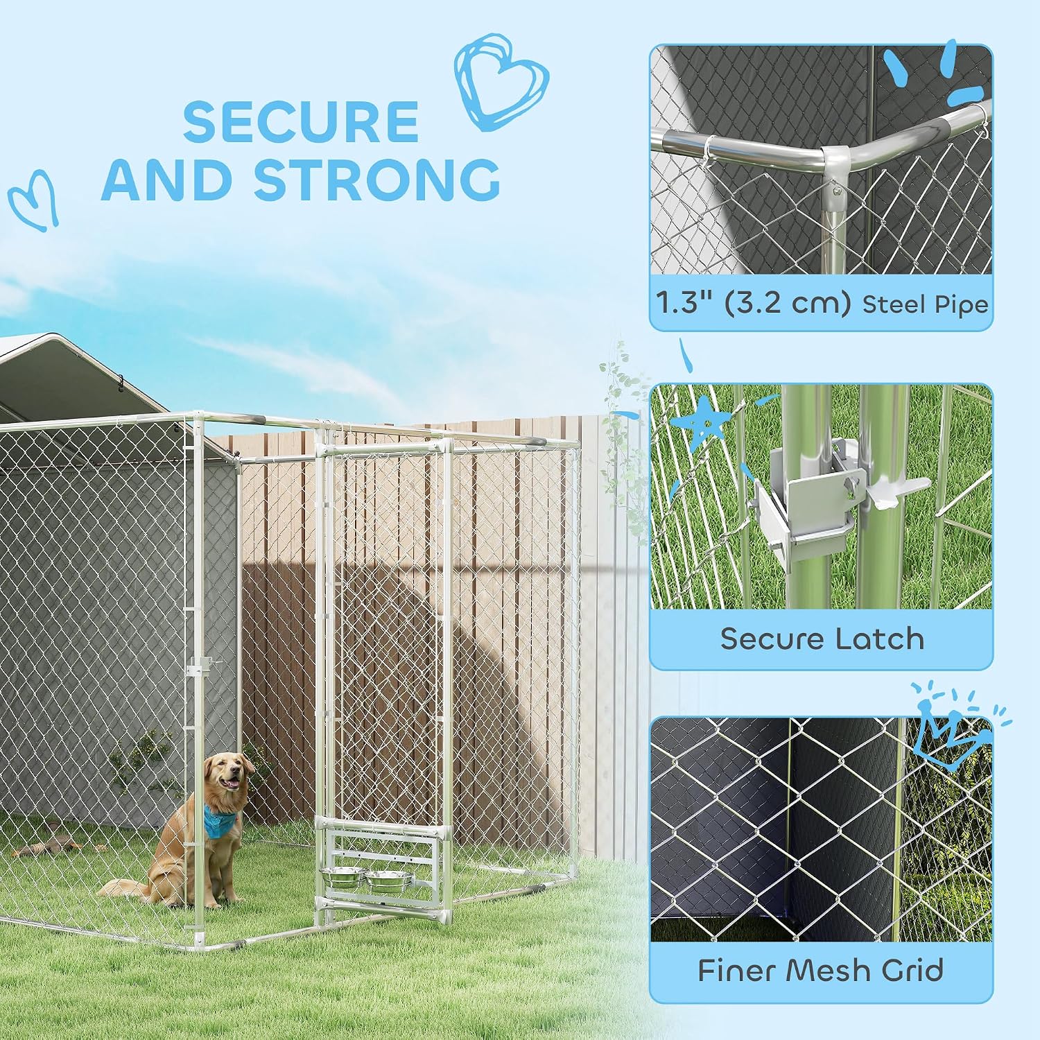 PawHut Large Outdoor Dog Kennel, Heavy Duty Galvanized Chain Link Dog Kennel Outside with Waterproof & UV-Resistant Cover, Rotating Bowls Door, for M&L Breeds, Chickens, Ducks, 13' x 7.5' x 7.5'