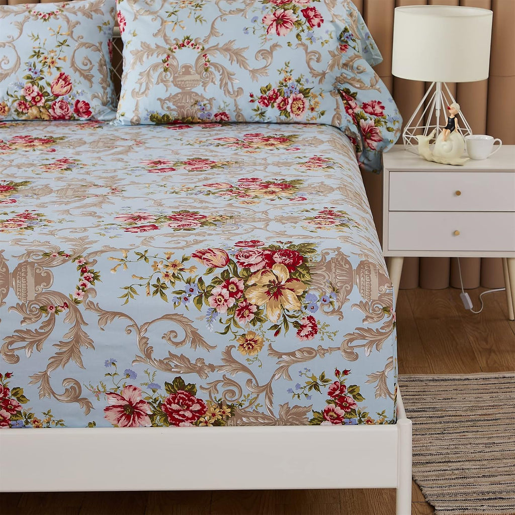ABREEZE Floral Bedding Shabby Blue Bed Sheet Set Vintage Luxury Bedding Collections Ruffled 1000 Thread Count 100% Egyptian Cotton Deep Pocket, 4 Piece-King Size