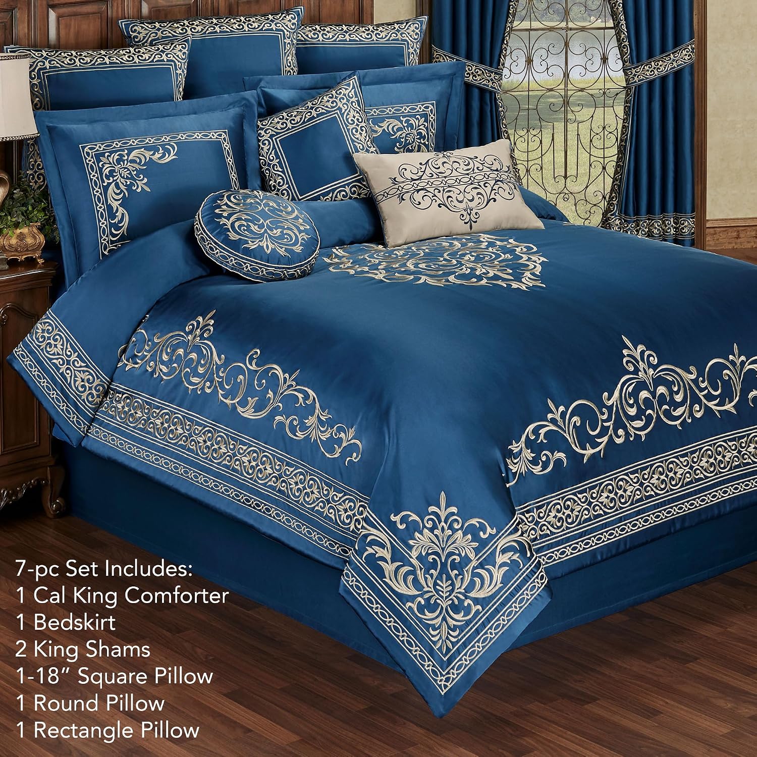Buckingham Luxury Bedding | Royal Sapphire Blue | Palace-Inspired Elegant Golden Scrollwork Embroidery on Sateen | 7 Piece Set: Cal King Comforter, Bedskirt, 2 King Shams & 3 Decorative Pillows