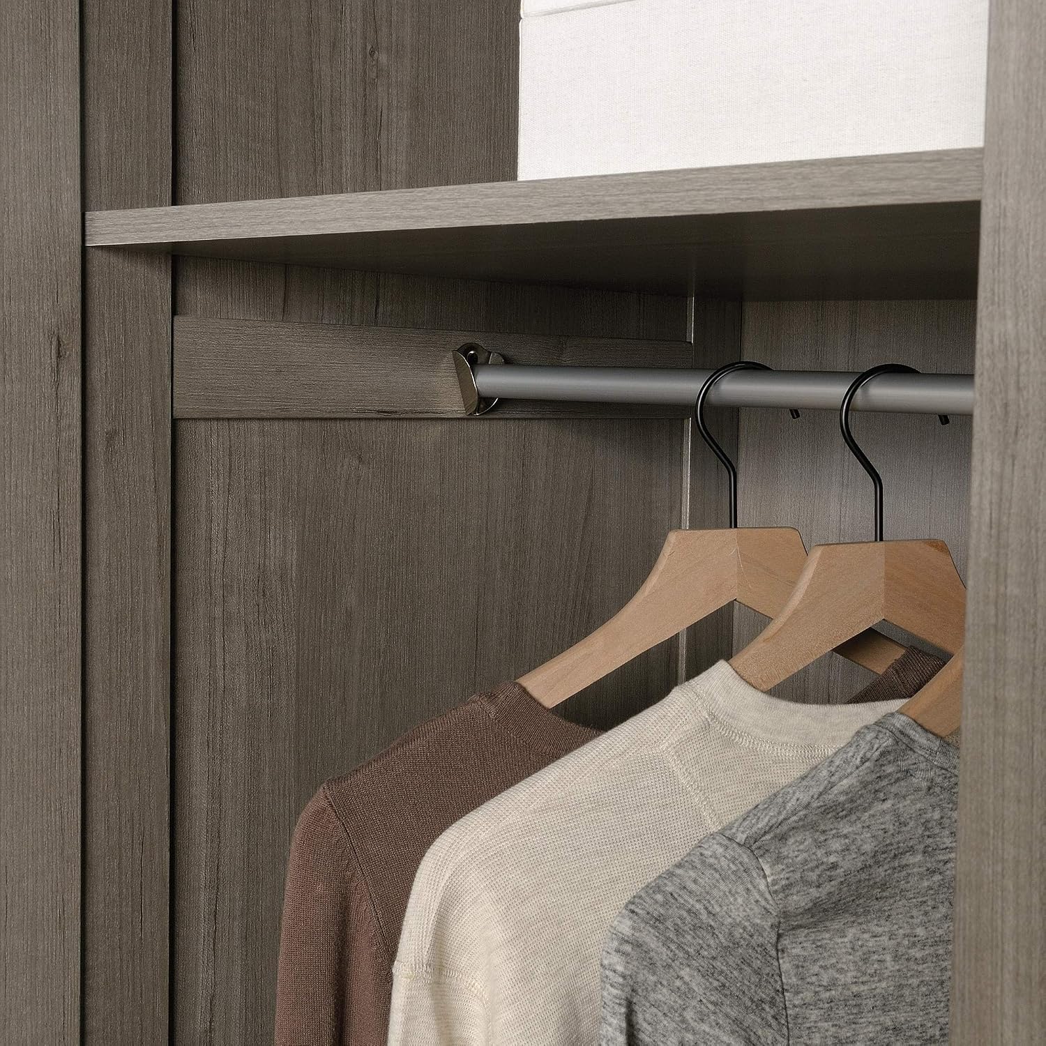 Sauder Select Multipurpose Bedroom Armoire Wardrobe Closet Pantry Storage Cabinet with Storage Drawers and Hanging Rail, in Silver Sycamore