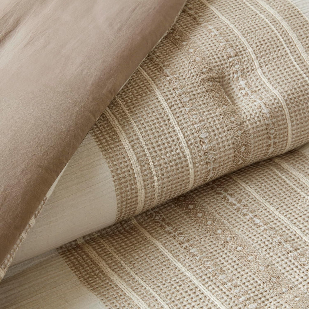 Woolrich King Comforter Set Cotton Striped, Oversized Comforter, All Season Down Alternative Overfilled King Size Comforter, Mesa, King/Cal K Tan 3 Piece