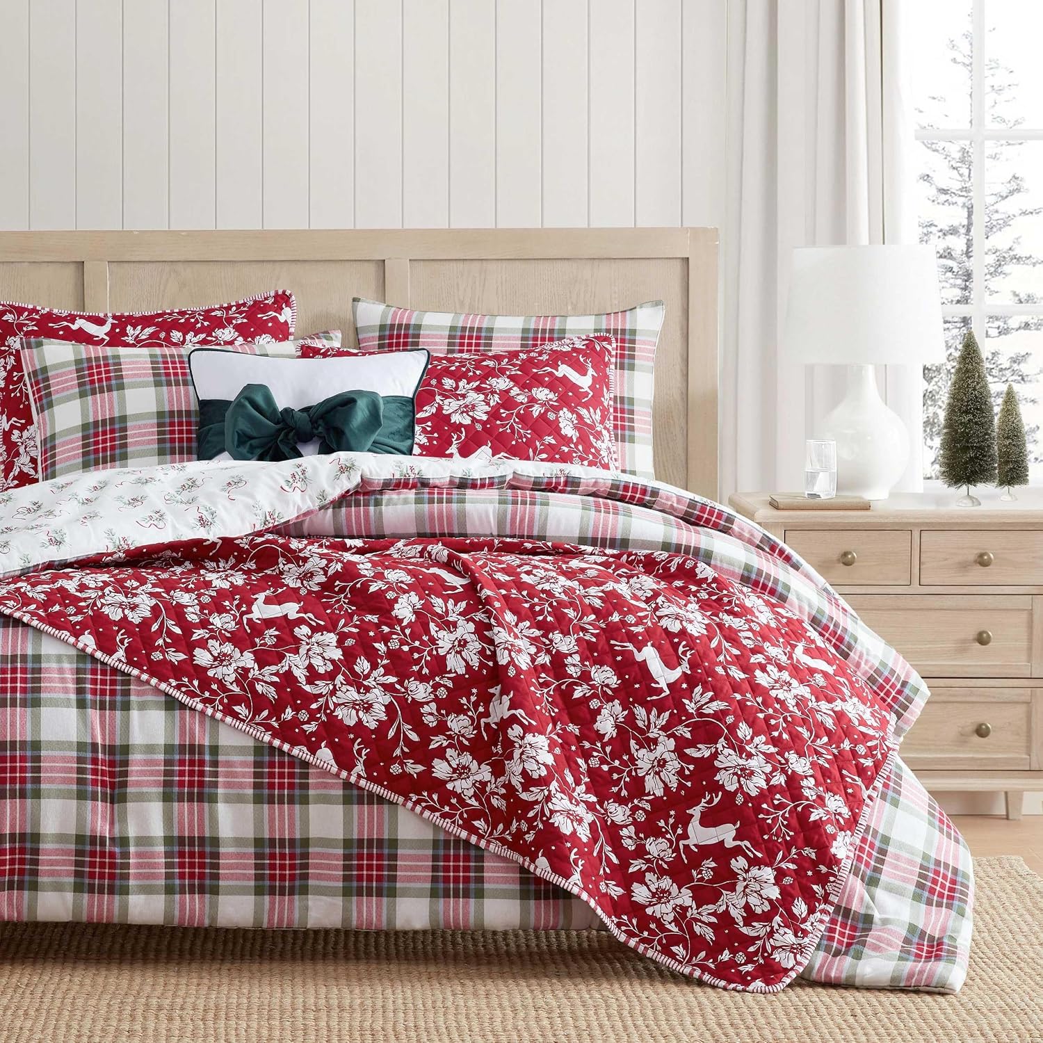 Martha Stewart - Queen Bedding Comforter Sets, Wonderfully Plush & Naturally Soft Cotton Flannel Bedding w/Matching Pillowcases, 3 Piece Bed Sets (Yuletide Spruce Plaid/Holiday Ribbons Red)