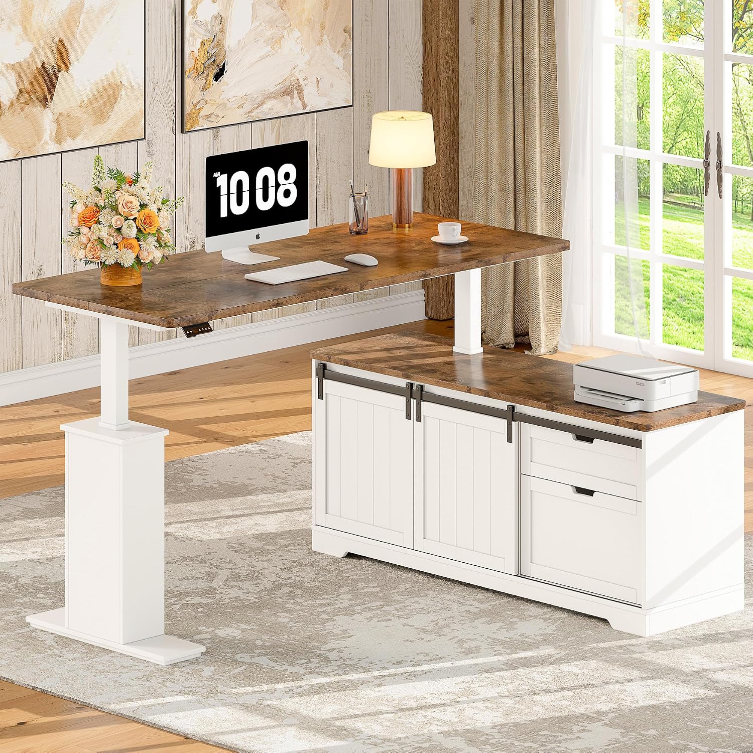 Whalefall L Shaped Standing Desk with Drawers, Height Adjustable Farmhouse Executive Computer Desk, Corner Desk with Cable Management and File Storage for Home Office, White