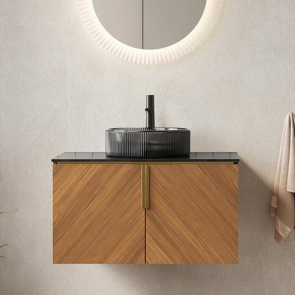 30 Inch Bathroom Vanity with Sink Combo, Floating Vanity Bathroom with Vessel Sink, Modern Bathroom Vanity Cabinet with Doors, Sintered Stone Countertop and Black Glass Sink,Brown Oak
