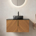 30 Inch Bathroom Vanity with Sink Combo, Floating Vanity Bathroom with Vessel Sink, Modern Bathroom Vanity Cabinet with Doors, Sintered Stone Countertop and Black Glass Sink,Brown Oak