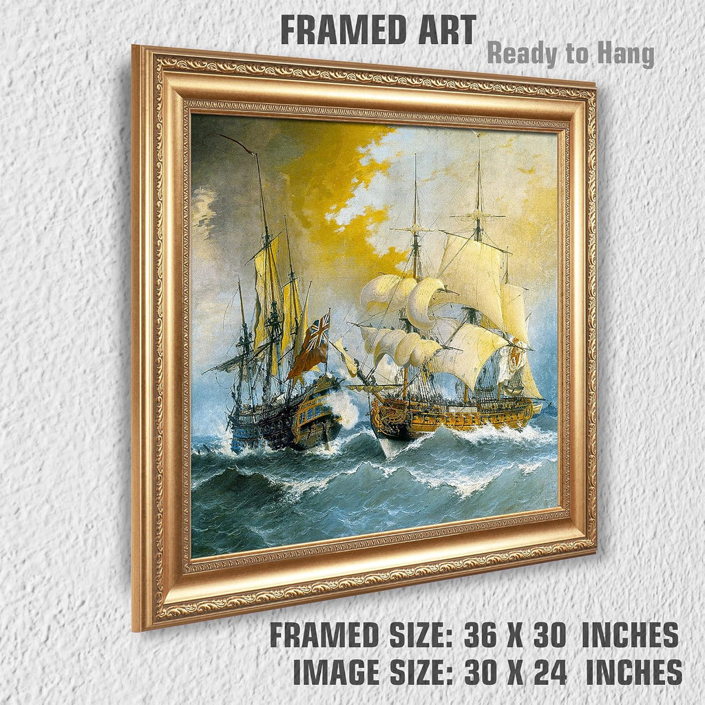 Battle between a Spanish Frigate and the English Ship Stanhope Sailboat Warship Painting Reproductions Framed Size:36x30 inches,Image Size:30x24 inches World Classic Reproductions For HomeDecor