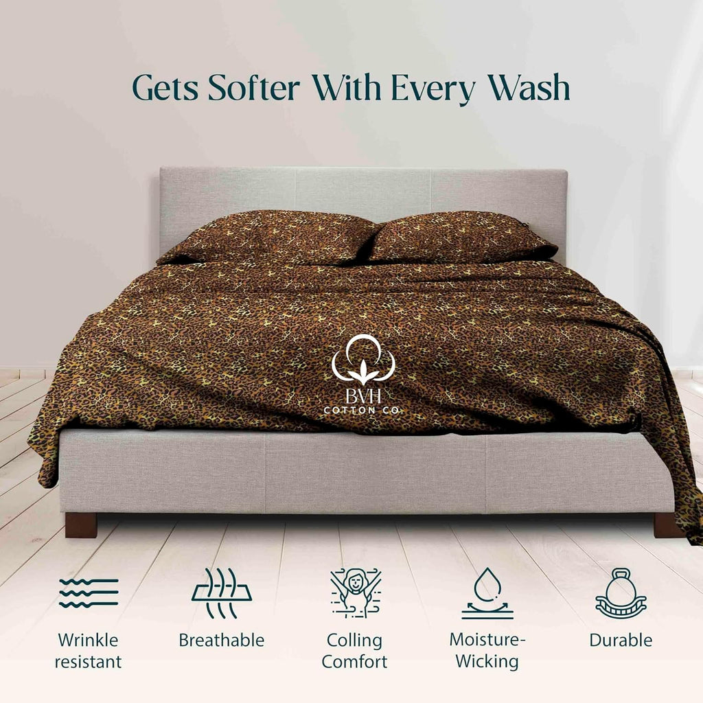 Egyptian Cotton Queen Size Sheet Set, 4Pc Bed Set, Soft & Breathable Percale Weave, Fits 10-12' Deep Pocket, Hotel-Quality 1000 Series Bed Sheets (Leopard Print)