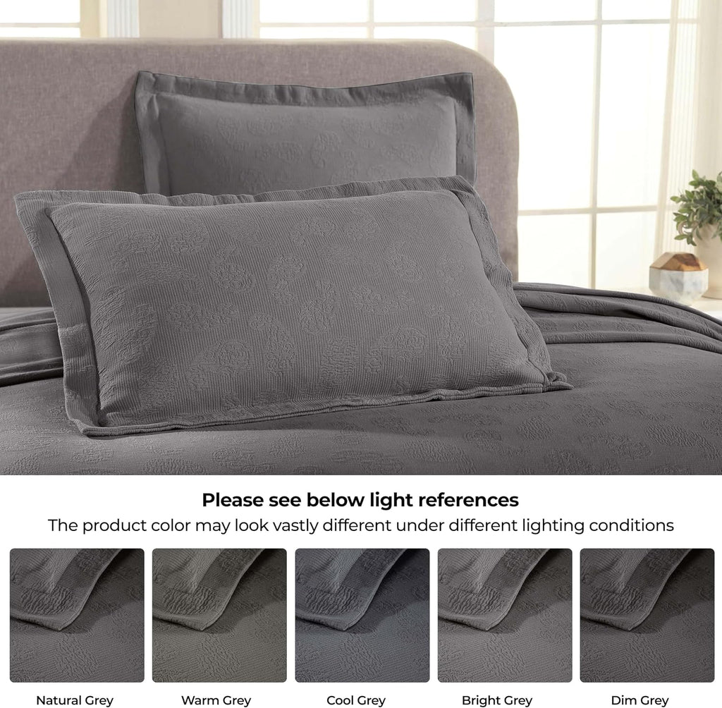 Superior Paisley Cotton 3 Piece Bedspread Set, Home Bed Decor, Decorative Textured Bed Spread, 2 Pillow Shams, Airy Blanket, Matelasse Coverlet Bedding, Vintage Floral Design, Queen, Grey