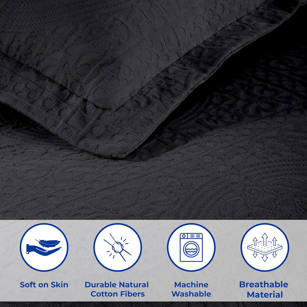 Superior Cotton Fleur De Lis Bedspread Set, Warm Blankets, All-Season Bedding, Bedroom Decor, Decorative Boho Medallion Coverlet, Includes 1 Bedspread, 2 Pillow Shams, King, Black