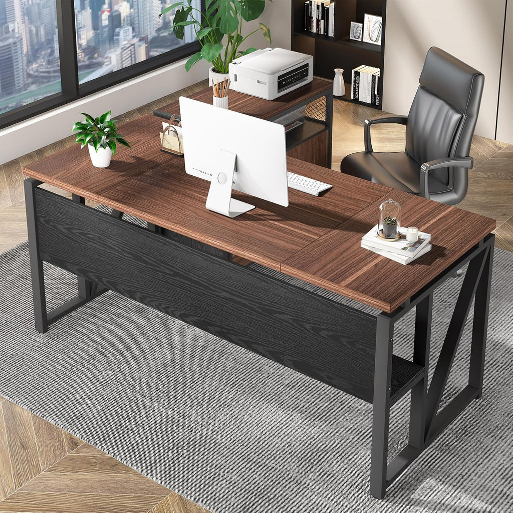 Tribesigns 63 inches Computer Desk with Bottom Storage Shelf Home Office Desk Writing Table for Workstation, Dark Walnut + Steel Leg, Cabinet not Included (Dark Brown, 63-inch-with-Shelf)