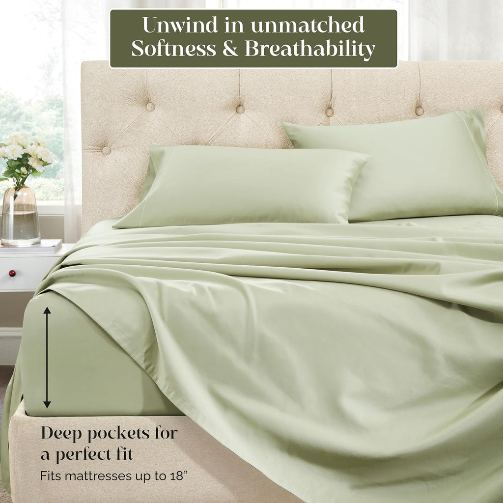 Superior Egyptian Cotton 1500 Thread Count Bed Sheet Set, Daily Soft Sheets, Embroidered Marrow Stitch Hem, Bedding Essentials, 1 Deep Pocket Fitted Sheet, 1 Flat Sheet, 2 Pillowcases, Queen, Sage
