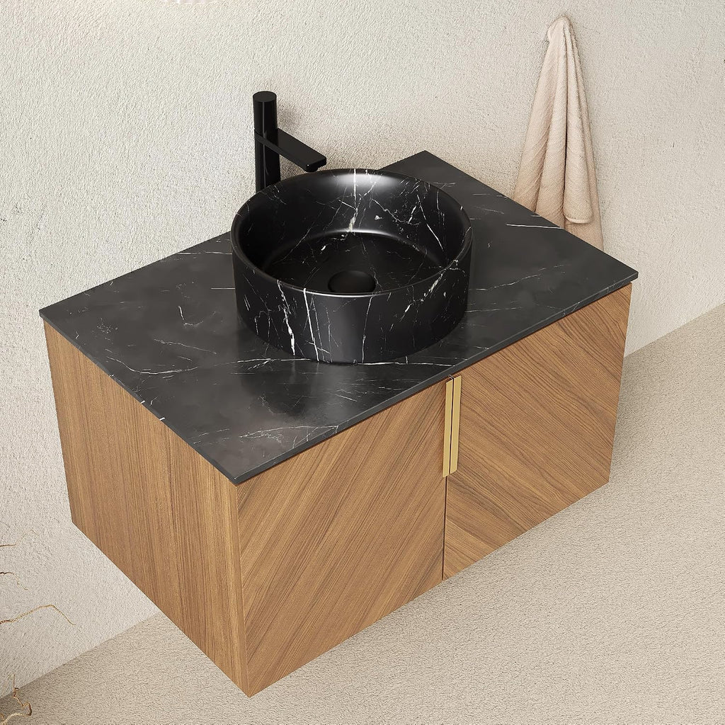 30' Floating Bathroom Vanity with Sink Combo, Modern Vanity with Vessel Sink, Wall-Mounted Bathroom Vanity Cabinet with Doors, Black Countertop and Black Round Ceramic Basin,Brown Oak