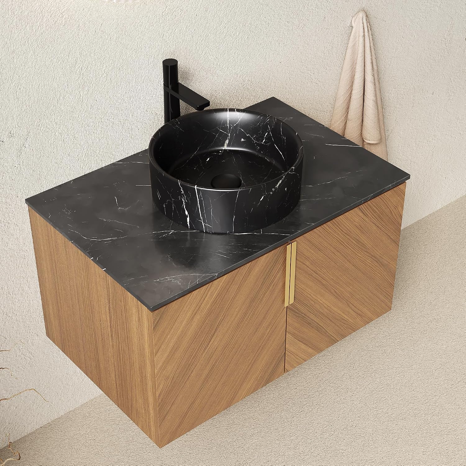 30' Floating Bathroom Vanity with Sink Combo, Modern Vanity with Vessel Sink, Wall-Mounted Bathroom Vanity Cabinet with Doors, Black Countertop and Black Round Ceramic Basin,Brown Oak