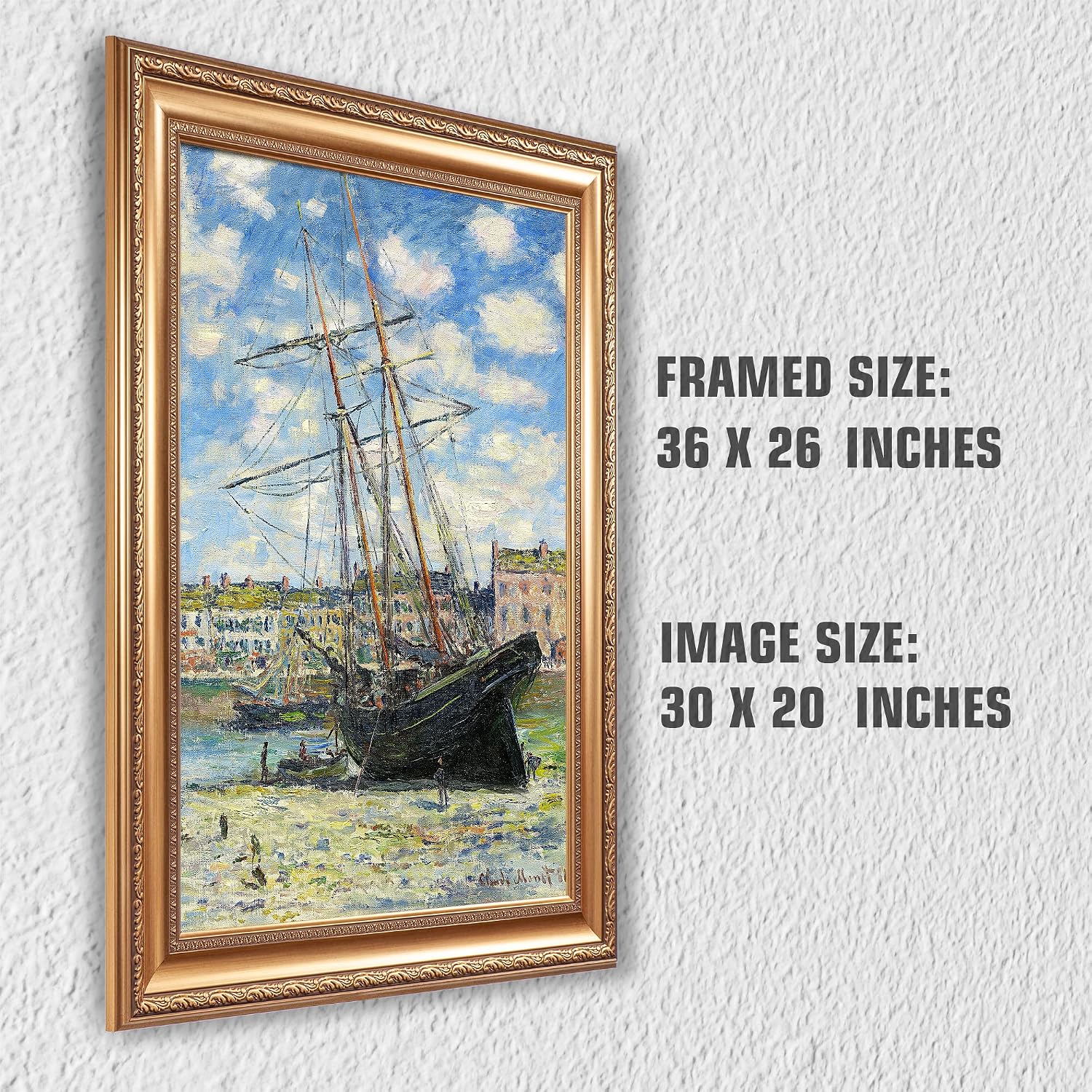 Boat Lying at Low Tide by Claude Monet Painting Reproductions Framed Size:36x26 inches,Image Size:30x20 inches World Classic Reproductions For HomeDecor,Gold Frame