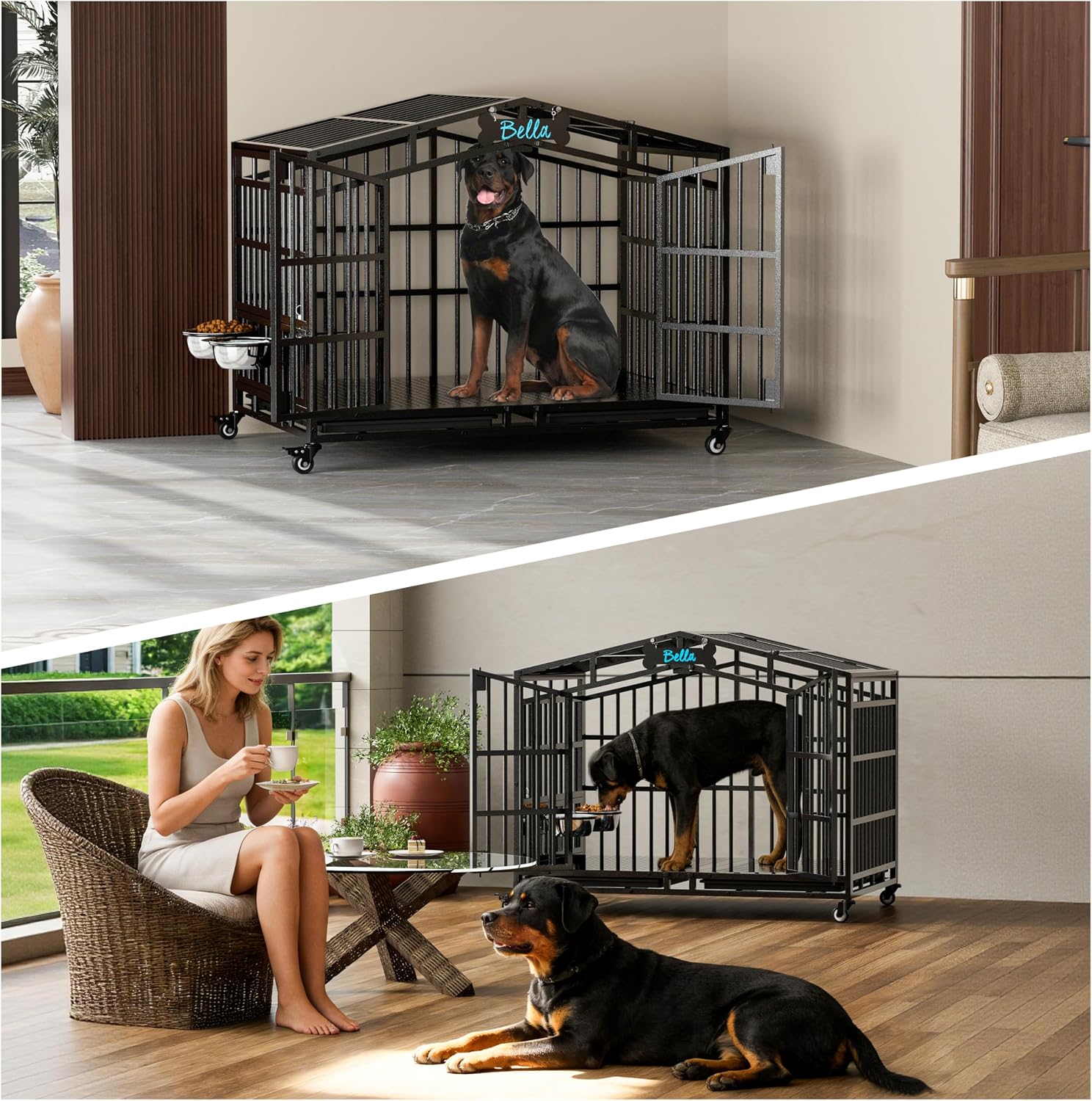 EasyCom 41 inch Heavy Duty Indestructible Dog Crate, Extra Large Metal Dog Kennel with 2 Adjustable Bowls, Open Top & Lockable Wheels, Escape Proof Indoor Cage for High Anxiety Large & Medium Breeds