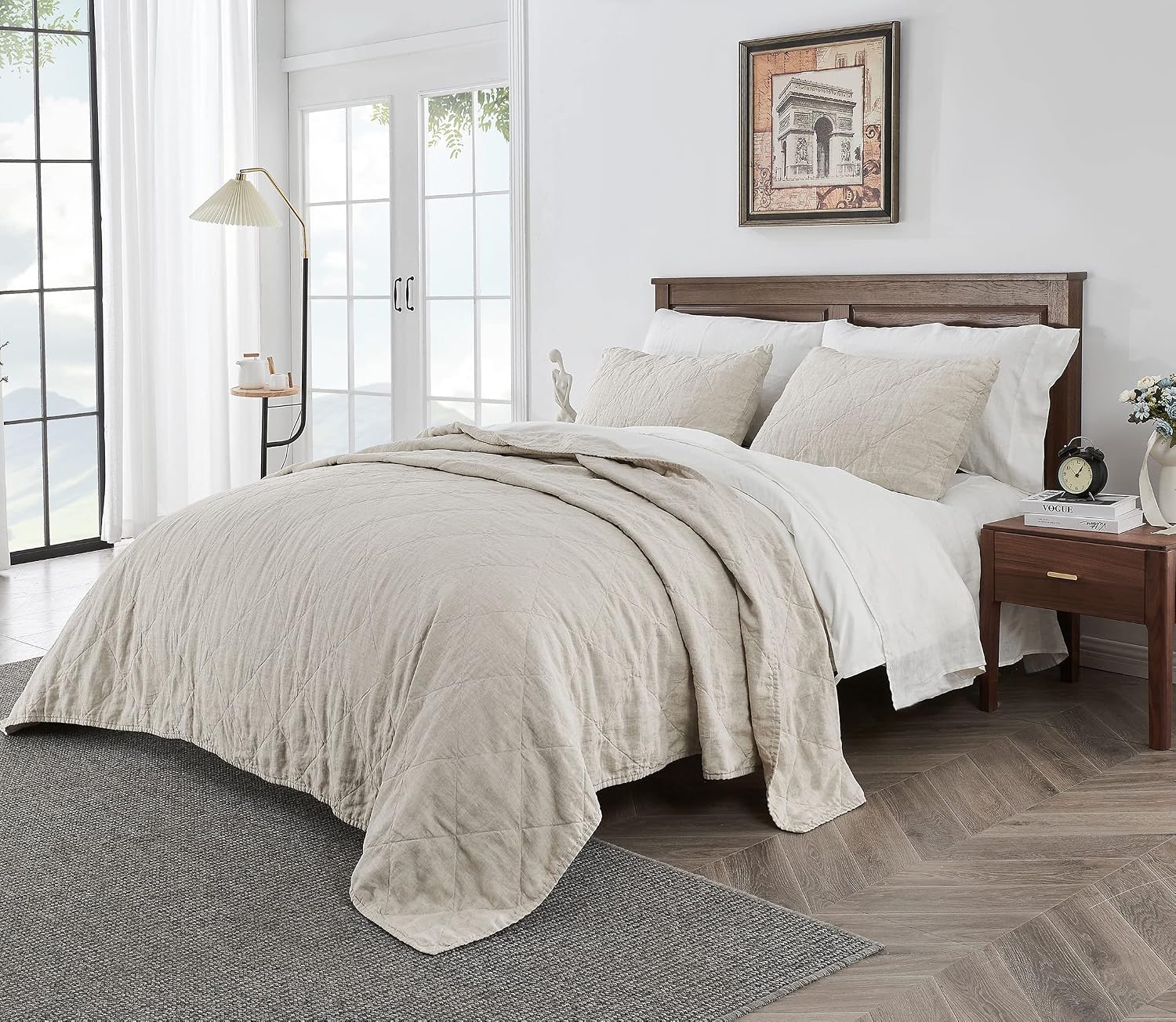 S VICTORY SYMBOL Linen Quilt Set Queen Size-3 Piece Bedding Quilt Coverlets,All Seasons Bedspreads,100% French Linen Shell and Viscoses from Bamboo Filling Quilted Coverlet(Includes 1 Quilt,2 Shams)