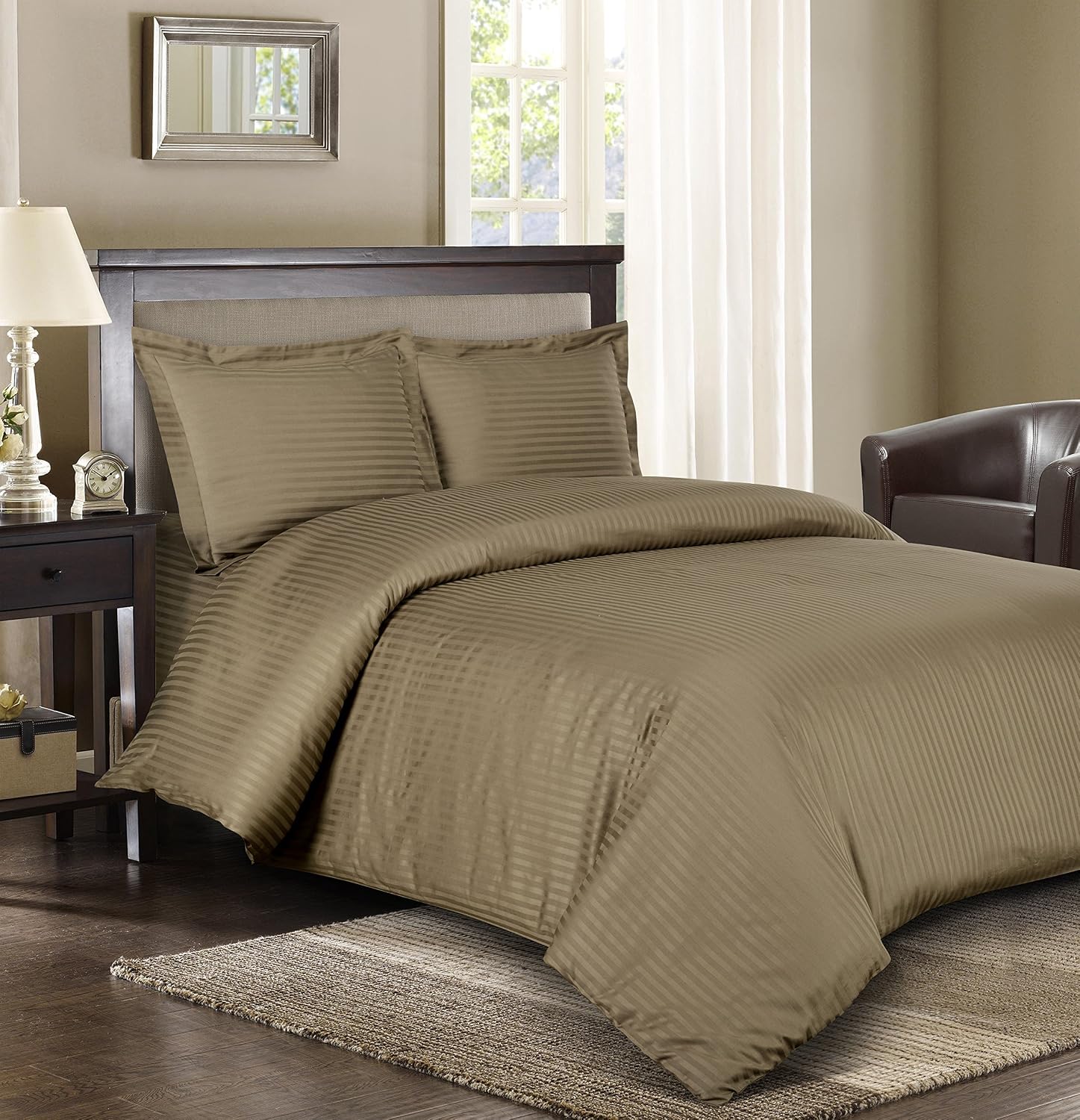 Royal Hotel Bedding Stripe Cotton Duvet Cover Set with Down Comforter Duvet Insert, Full Size Brown Striped, 300 Thread Count, Soft Cooling Breathable 4PC Bedding Set