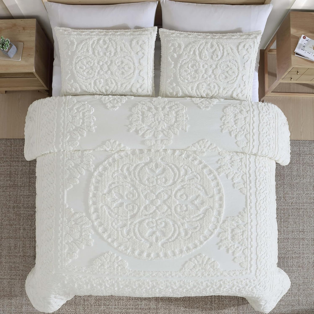 Beatrice Home Fashions Medallion Tufted Chenille Comforter 3-Piece Set, Cotton, All Season Cozy Bedding, King, Ivory