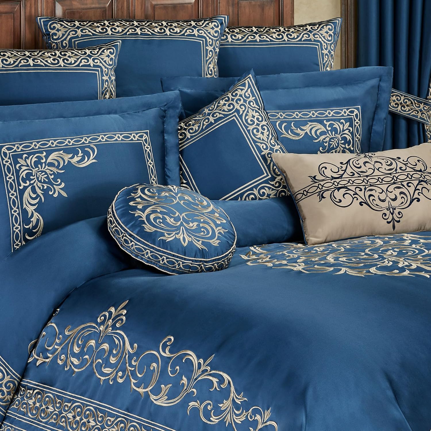 Buckingham Luxury Bedding | Royal Sapphire Blue | Palace-Inspired Elegant Golden Scrollwork Embroidery on Sateen | 7 Piece Set: Cal King Comforter, Bedskirt, 2 King Shams & 3 Decorative Pillows