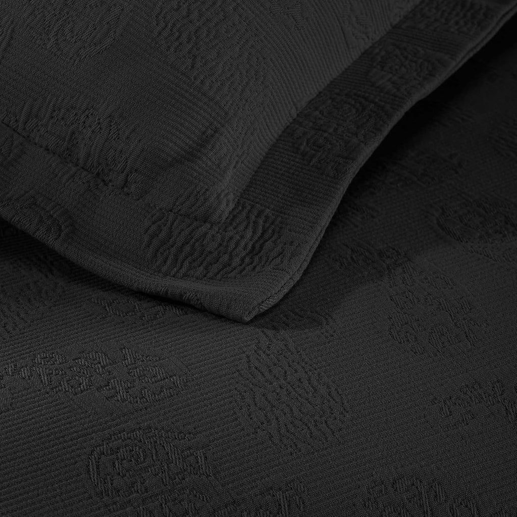 Superior Paisley Cotton 3 Piece Bedspread Set, Home Bed Decor, Decorative Textured Bed Spread, 2 Pillow Shams, Airy Blanket, Matelasse Coverlet Bedding, Vintage Floral Design, Queen, Black