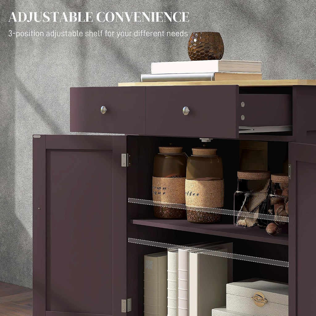 HOMCOM Sideboard Buffet Cabinet with Solid Wood Countertop, Modern Kitchen Storage Cabinet, Coffee Bar Cabinet with 2 Drawers, Doors and Adjustable Shelf, Coffee