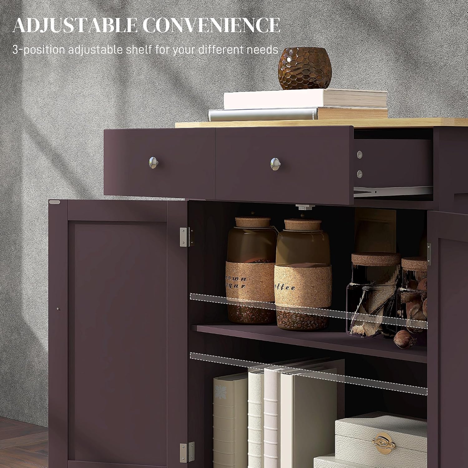 HOMCOM Sideboard Buffet Cabinet with Solid Wood Countertop, Modern Kitchen Storage Cabinet, Coffee Bar Cabinet with 2 Drawers, Doors and Adjustable Shelf, Coffee