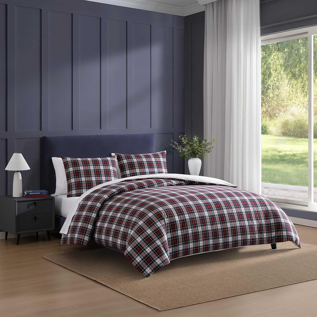 Tommy Hilfiger - Twin Comforter Set, Reversible Yard-Dyed Cotton Bedding with Matching Sham, Medium Weight, Oeko-Tex Certified, Dorm Essentials (Essential Tartan Red)