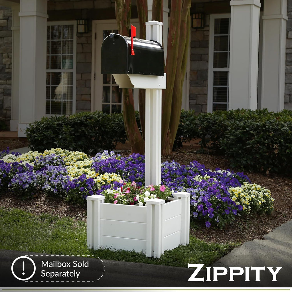 4.5ft H (1 Post w/Planter) No Dig Zippity Majestic Mailbox Post with Planter Box, White Vinyl Support for Outdoor Mail, Decorative Column w/Flower Box, Architectural Mount for Letter Box, ZP19027