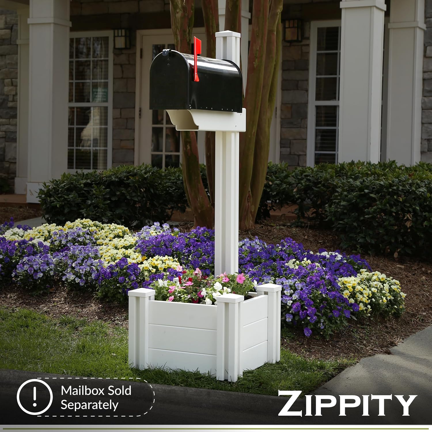 4.5ft H (1 Post w/Planter) No Dig Zippity Majestic Mailbox Post with Planter Box, White Vinyl Support for Outdoor Mail, Decorative Column w/Flower Box, Architectural Mount for Letter Box, ZP19027
