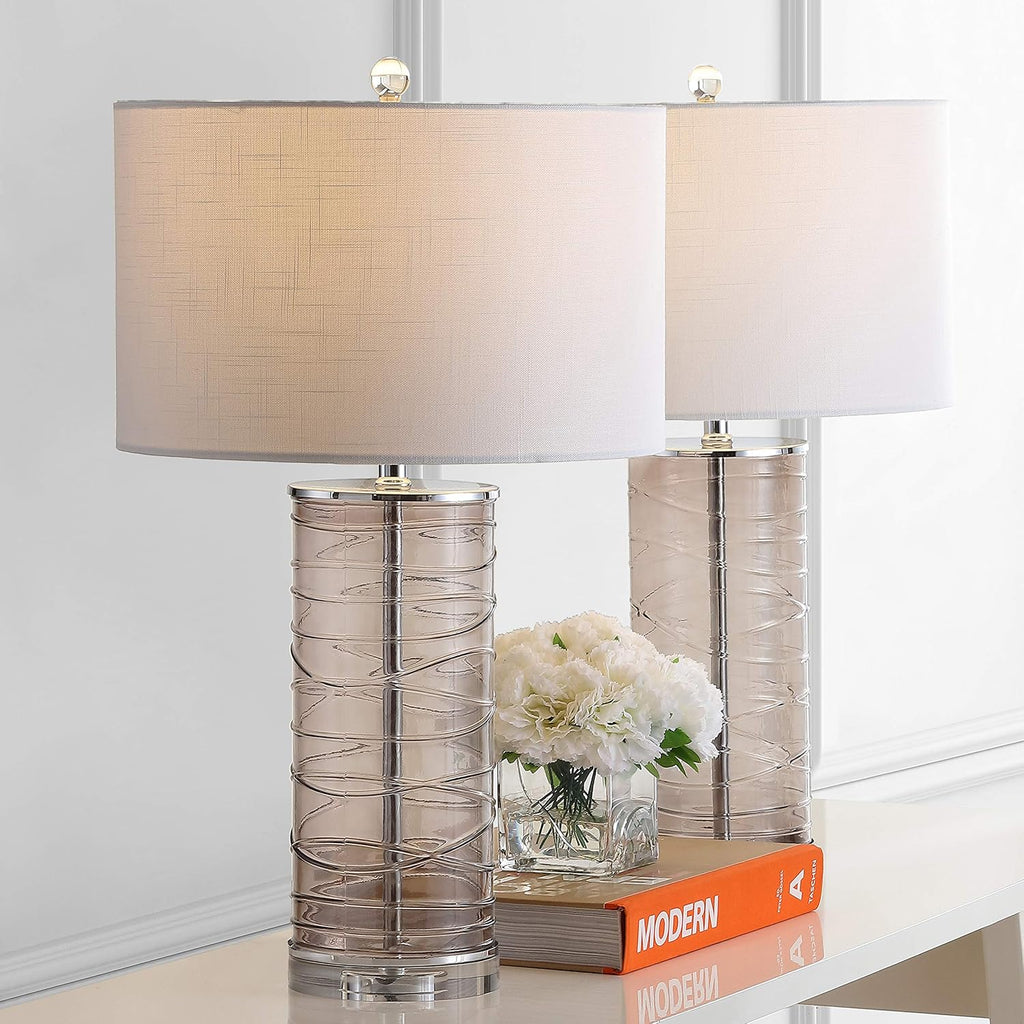 JONATHAN Y 27.5' Smoky Gray Modern Fused Glass Table Lamp Set of 2 for Bedroom Living Room, Coastal Nightstand Bedside Lamp with White Linen Shade, LED Bulbs Included (JYL4016C-SET2)