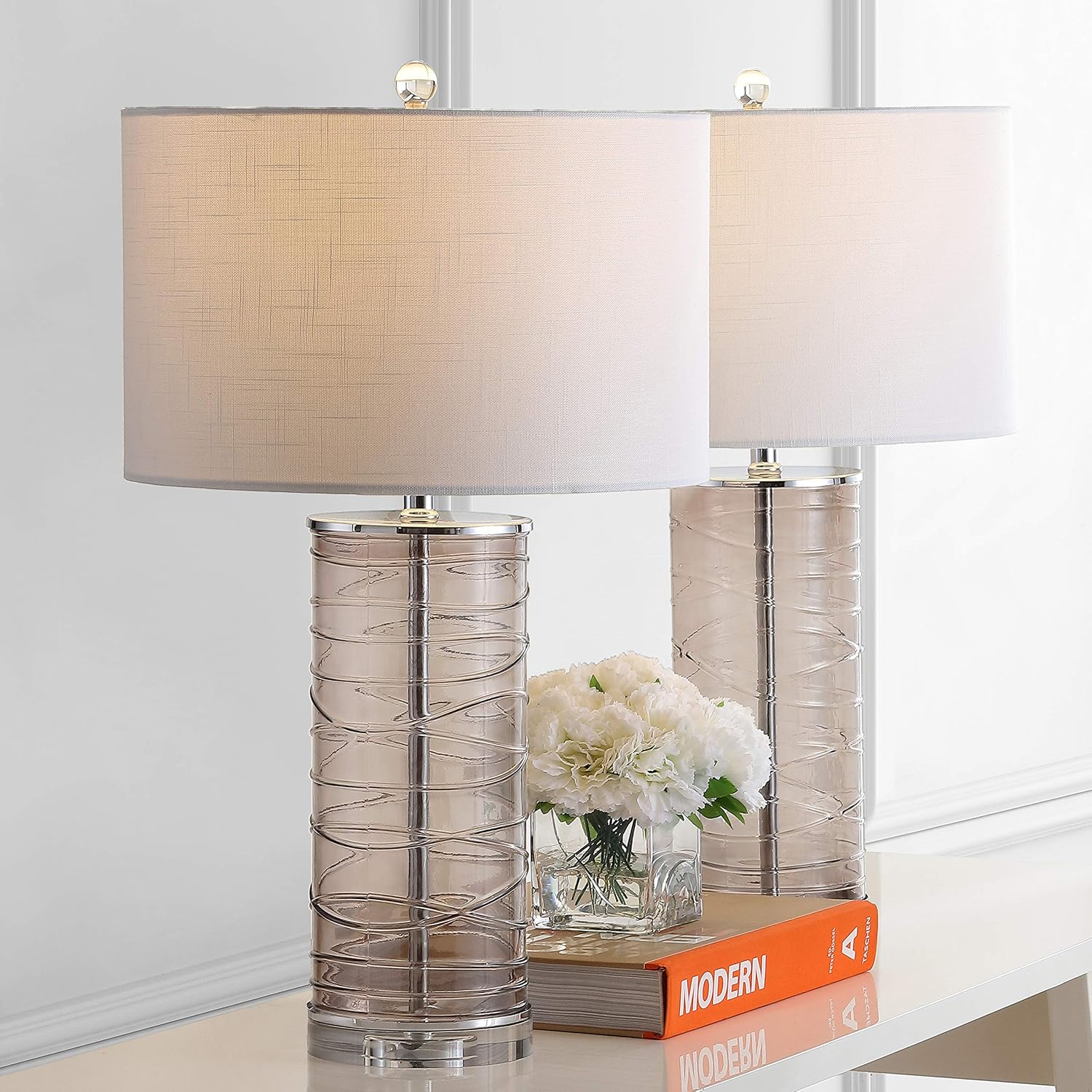 JONATHAN Y 27.5' Smoky Gray Modern Fused Glass Table Lamp Set of 2 for Bedroom Living Room, Coastal Nightstand Bedside Lamp with White Linen Shade, LED Bulbs Included (JYL4016C-SET2)