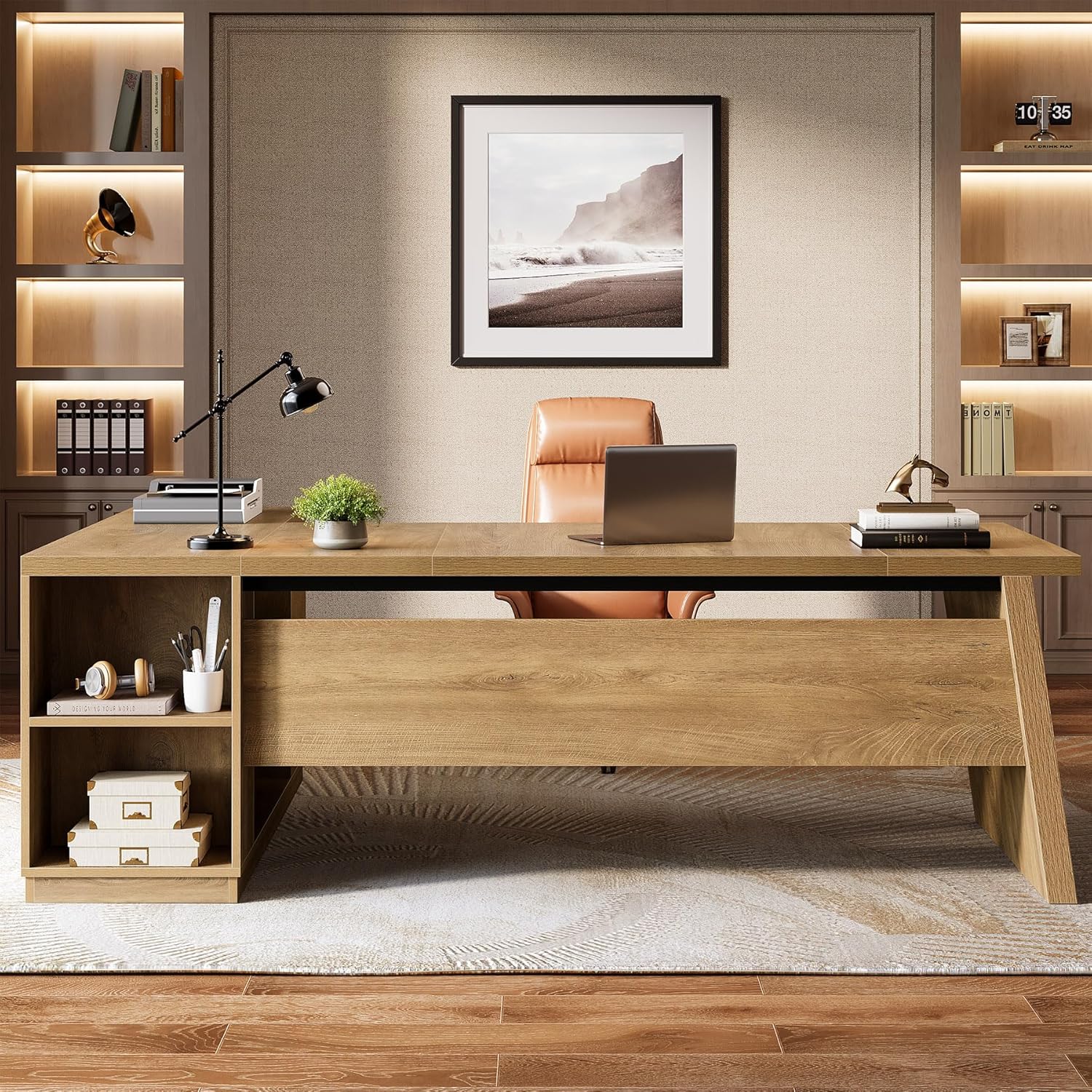 Tribesigns 78-Inch L-Shaped Executive Desk, Large Computer Desk with 2 Drawers and Storage Shelves, Business Furniture Workstation for Home & Office (Light Brown)