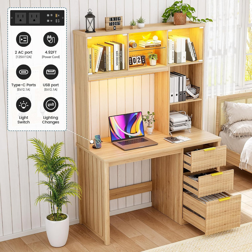 WOOVIVS Standing Desk with LED Light for Office Room, Smart Computer Desk with Hutch and Drawer for Game Room,Modern Study Table with 2AC Port Charging Station/Lamp/for Bedroom (Wood)