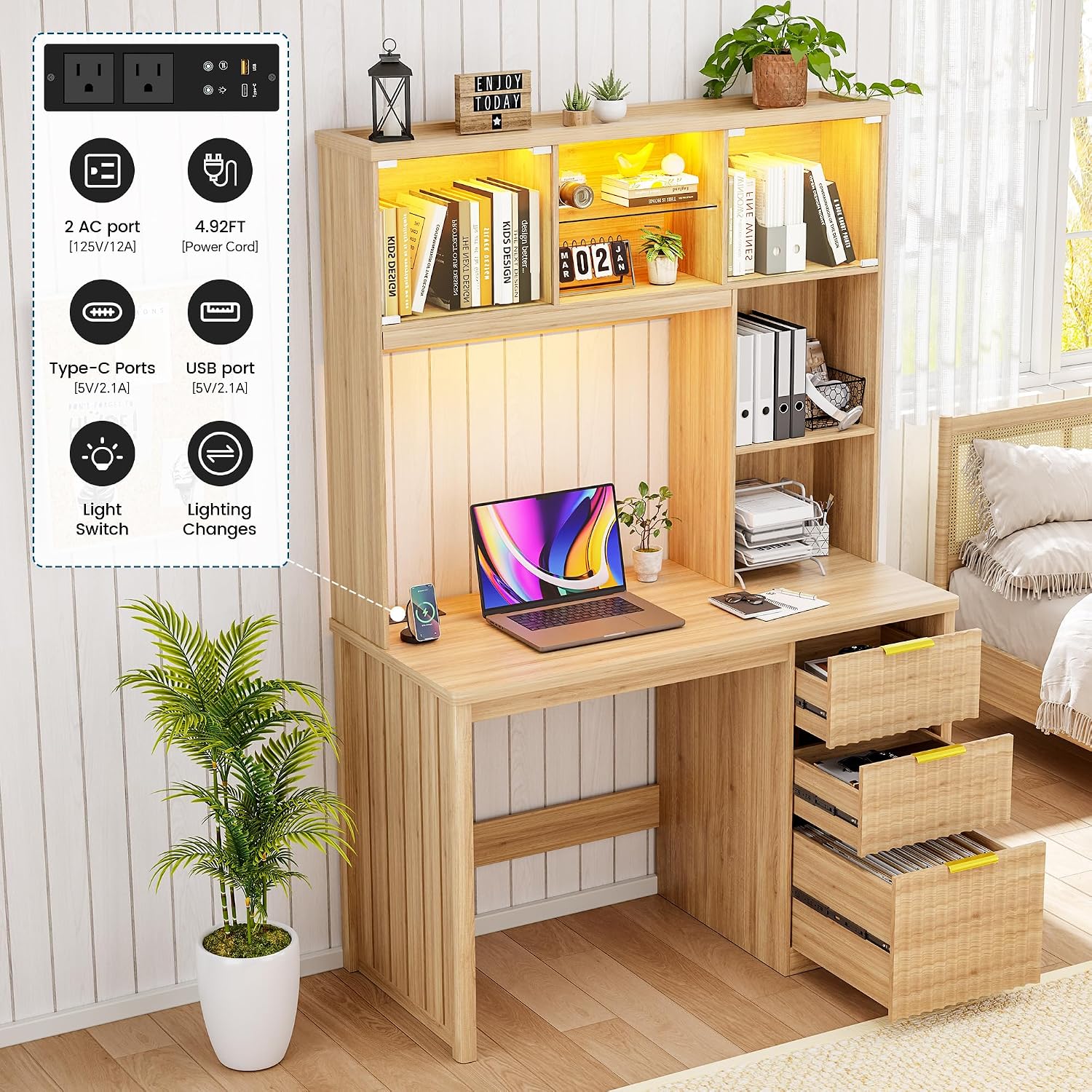 WOOVIVS Standing Desk with LED Light for Office Room, Smart Computer Desk with Hutch and Drawer for Game Room,Modern Study Table with 2AC Port Charging Station/Lamp/for Bedroom (Wood)