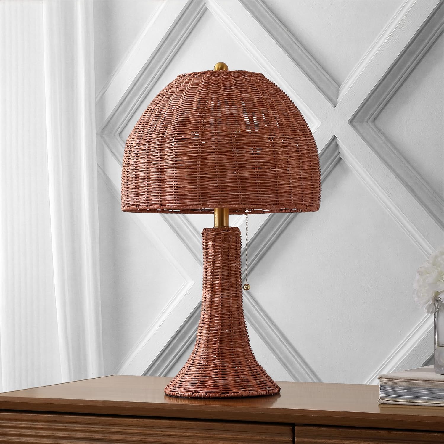 JONATHAN Y 22' Dark Brown Woven Rattan Mushroom Table Lamp Bohemian Coastal Bedside Lamp for Living Room Bedroom with Rattan Dome Shade LED Bulb Included JYL4011C