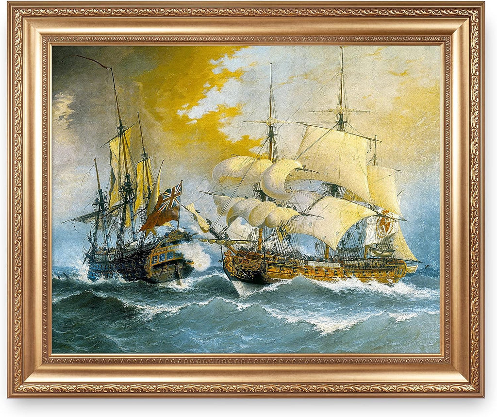 Battle between a Spanish Frigate and the English Ship Stanhope Sailboat Warship Painting Reproductions Framed Size:36x30 inches,Image Size:30x24 inches World Classic Reproductions For HomeDecor