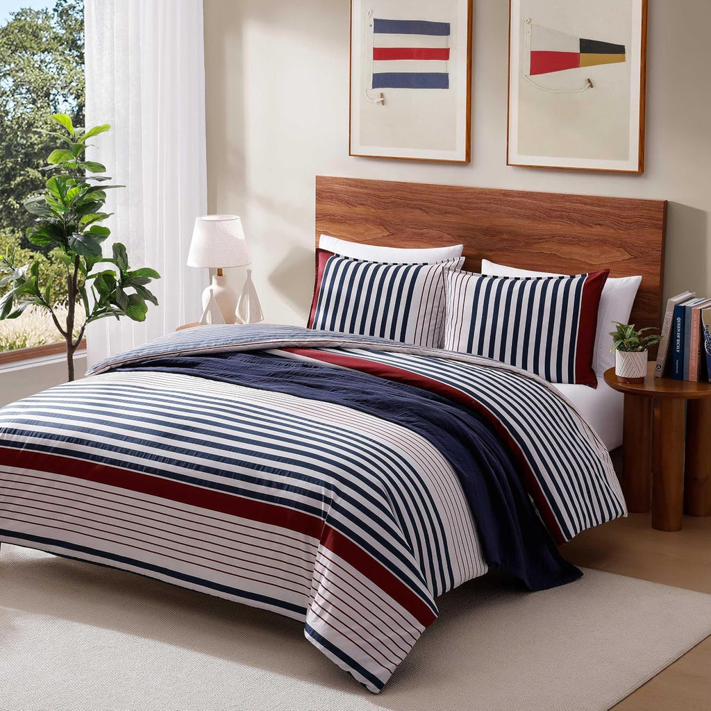 Tommy Hilfiger - Queen Duvet Cover Set, 100% Cotton Percale Bedding with Matching Shams, Button Closure & Corner Ties, Reversible Brooklyn Stripe Design, Americana Decor (Blue)