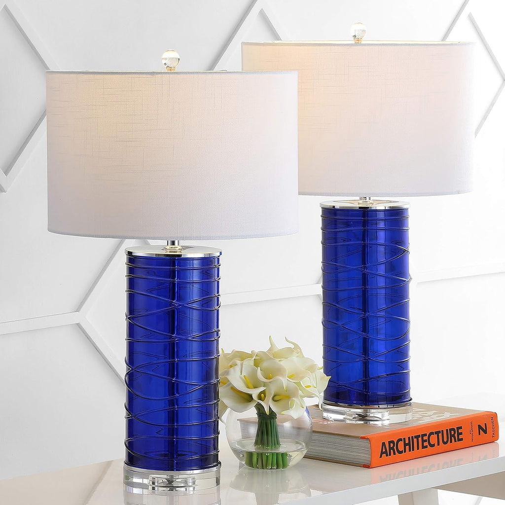 JONATHAN Y 27.5' Cobalt Modern Fused Glass Table Lamp Set of 2 for Bedroom Living Room, Coastal Nightstand Bedside Lamp with White Linen Shade, LED Bulbs Included (JYL4017D-SET2)