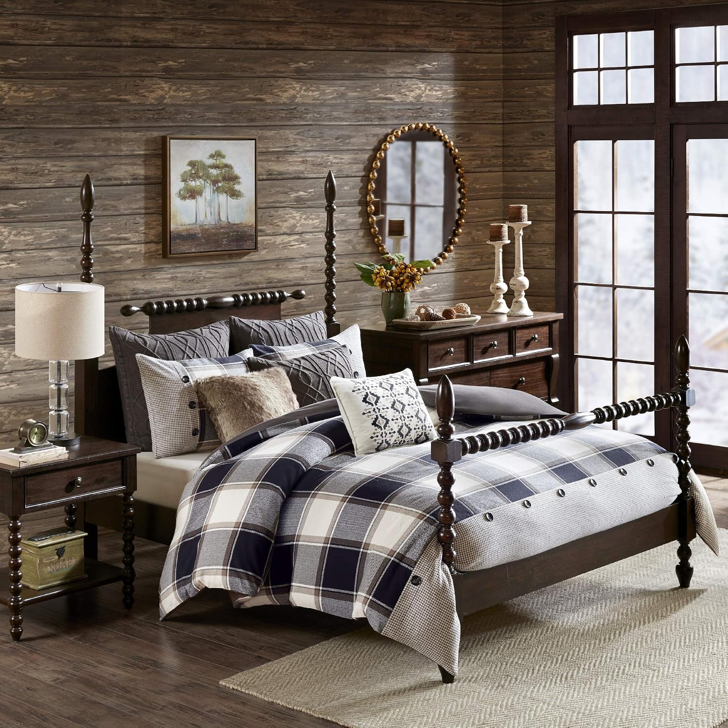 Madison Park Signature Cozy Comforter Set - All Season Bedding Combo Filled Insert and Removable Duvet Cover, Shams, Decorative Pillows, Plaid Brown/Black Queen (92 in x 96 in) 9 Piece