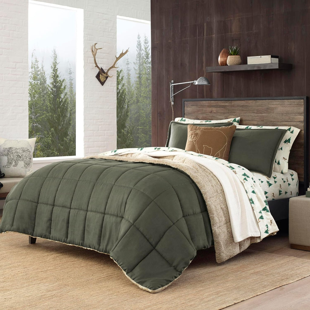 Eddie Bauer - King Comforter Set, Microsuede Bedding with Soft Sherpa Reverse, 3 Piece Bed Set with Matching Pillowcases (Sherwood Green)