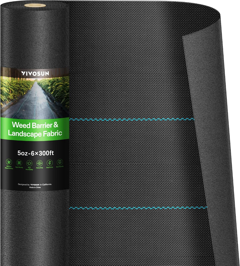 VIVOSUN Premium Weed Barrier Landscape Fabric Heavy Duty, 6ftx300ft 5oz Double-Layered Weed Control Mat with High Permeability, Commercial Ground Cover, Easy Set up & Superior Weed Control