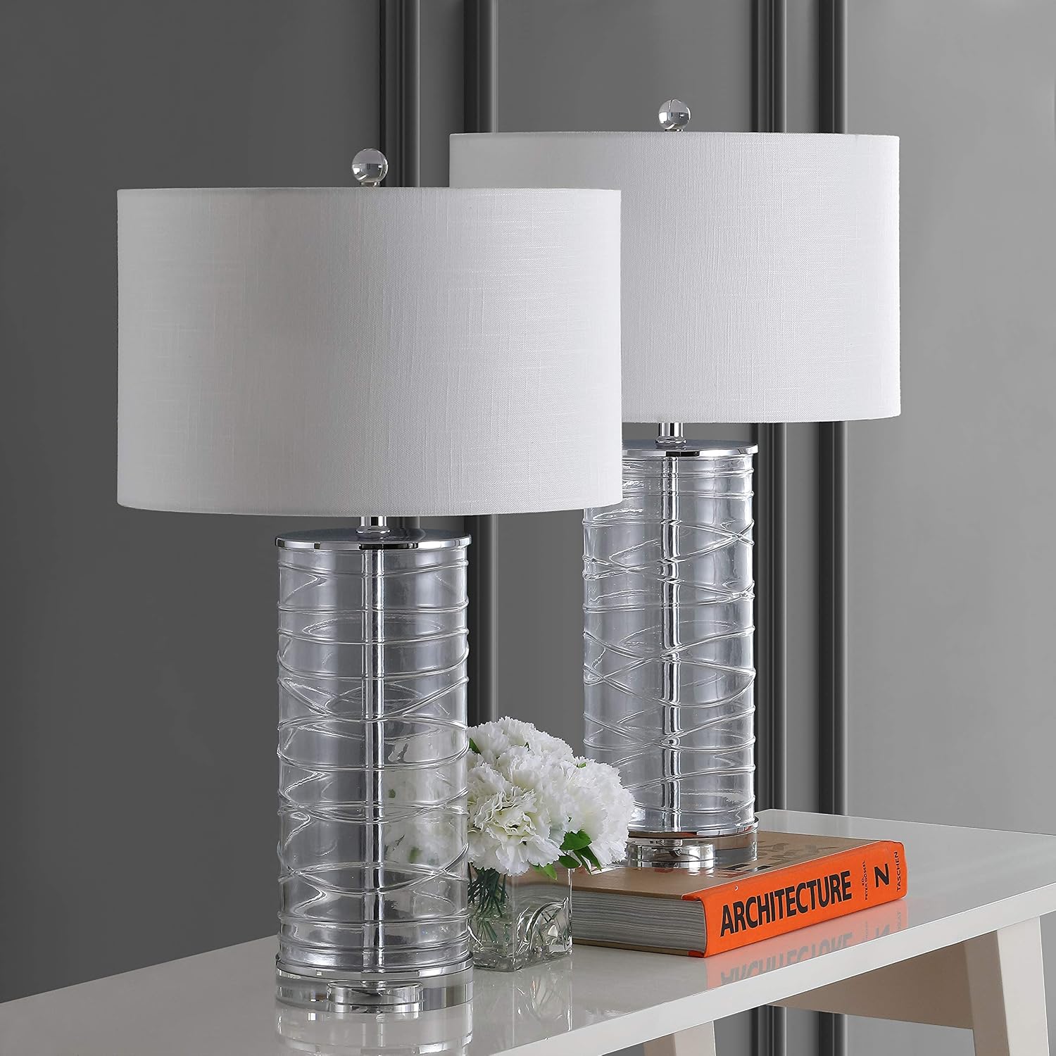 JONATHAN Y 27.5' Clear Modern Fused Glass Table Lamp Set of 2 for Bedroom Living Room, Coastal Nightstand Bedside Lamp with White Linen Shade, LED Bulbs Included (JYL4016B-SET2)