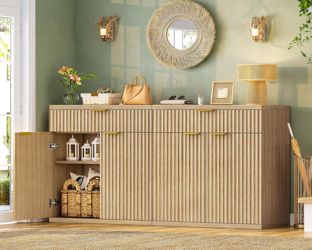 TEENFON Fluted Buffet Cabinet with Storage, 63' Sideboard Cabinet, Coffee Bar Cabinet with 2 Doors and Adjustable Shelf for Living Room, Kitchen, Entryway, Natural